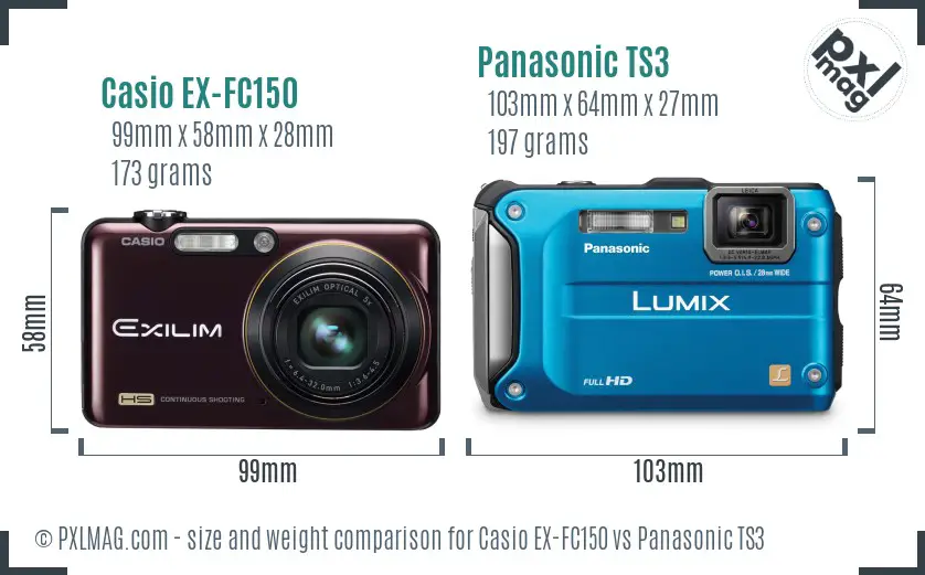 Casio EX-FC150 vs Panasonic TS3 size comparison