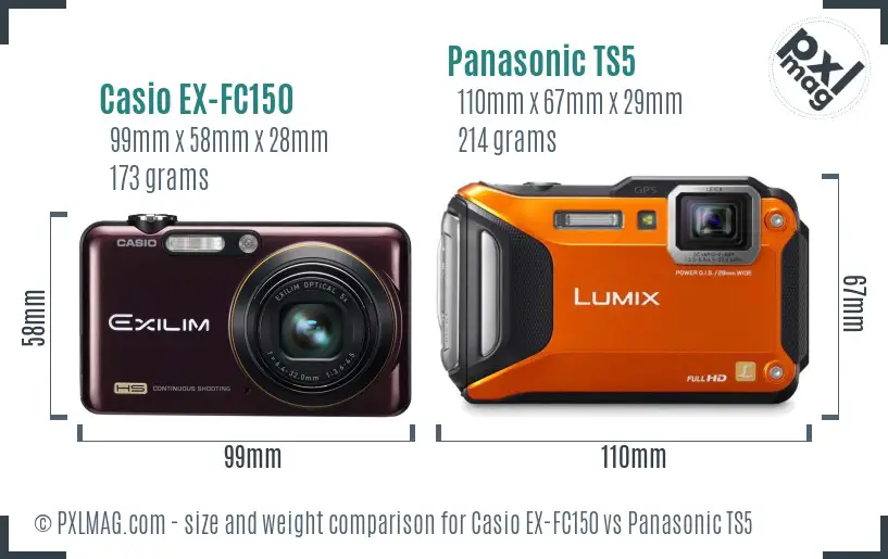 Casio EX-FC150 vs Panasonic TS5 size comparison