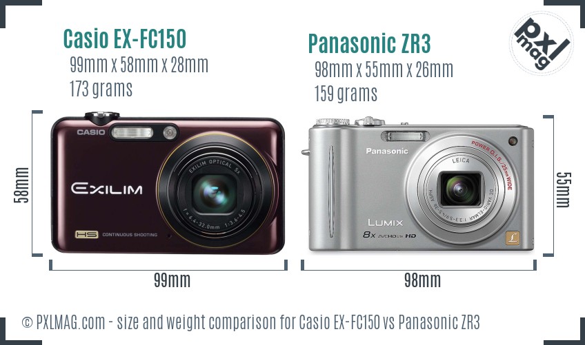 Casio EX-FC150 vs Panasonic ZR3 size comparison