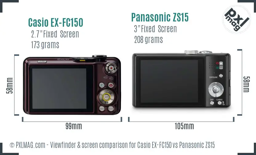 Casio EX-FC150 vs Panasonic ZS15 Screen and Viewfinder comparison
