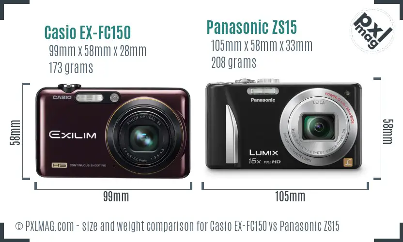 Casio EX-FC150 vs Panasonic ZS15 size comparison
