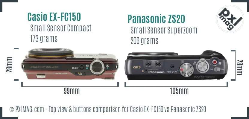 Casio EX-FC150 vs Panasonic ZS20 top view buttons comparison Casio EX-FC150 vs Panasonic ZS20 top view buttons comparison