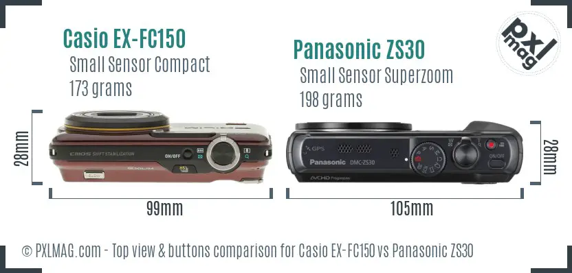 Casio EX-FC150 vs Panasonic ZS30 top view buttons comparison