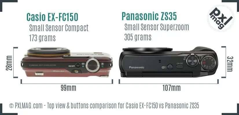 Casio EX-FC150 vs Panasonic ZS35 top view buttons comparison Casio EX-FC150 vs Panasonic ZS35 top view buttons comparison