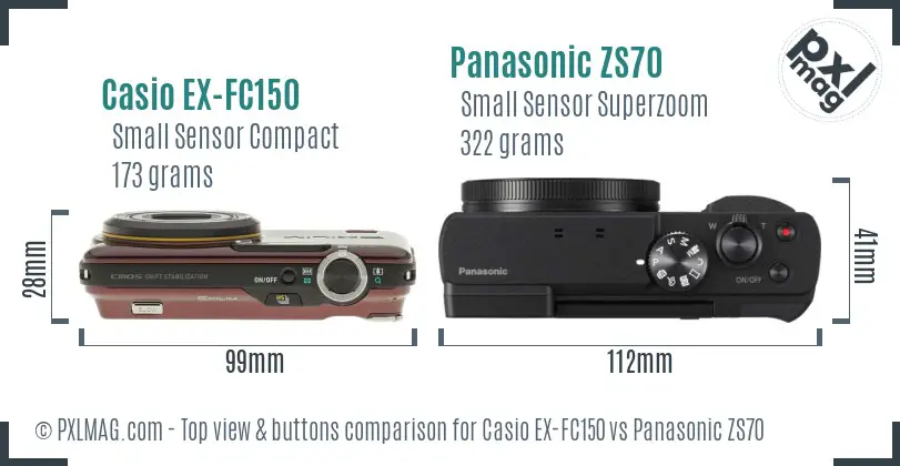 Casio EX-FC150 vs Panasonic ZS70 top view buttons comparison Casio EX-FC150 vs Panasonic ZS70 top view buttons comparison