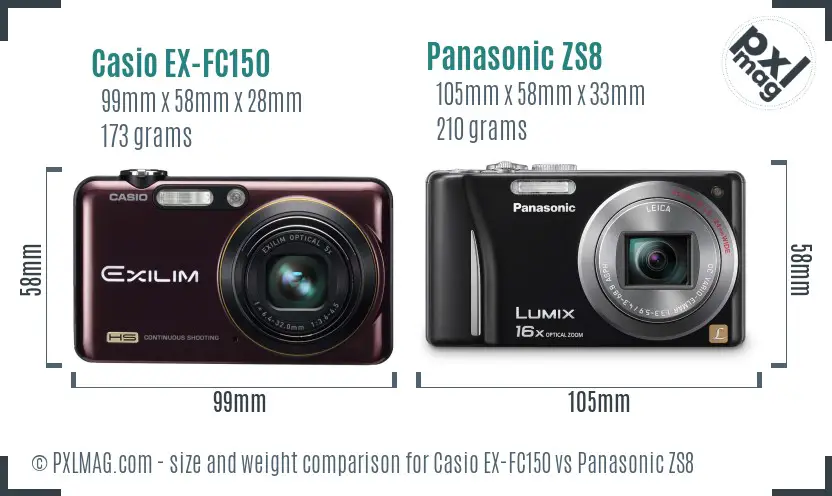 Casio EX-FC150 vs Panasonic ZS8 size comparison