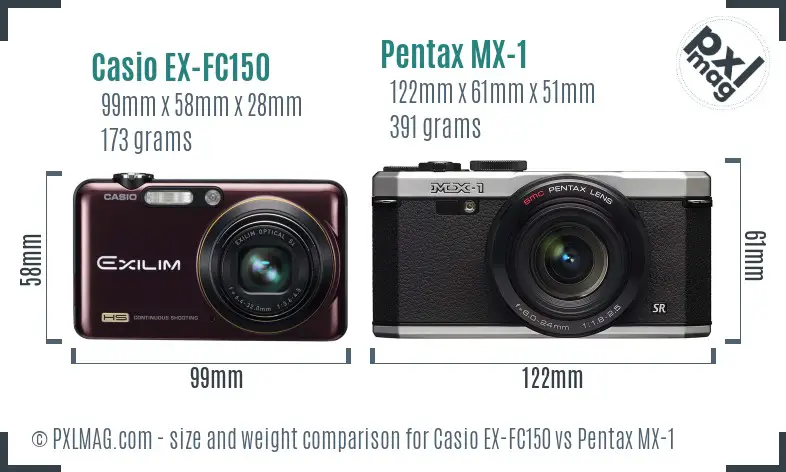 Casio EX-FC150 vs Pentax MX-1 size comparison