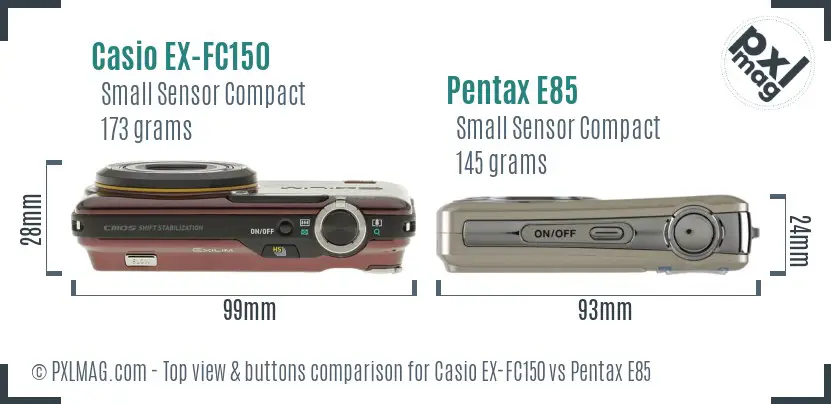 Casio EX-FC150 vs Pentax E85 top view buttons comparison