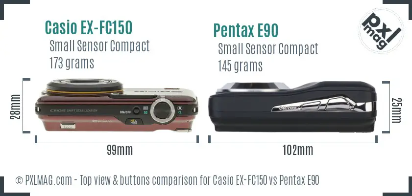 Casio EX-FC150 vs Pentax E90 top view buttons comparison Casio EX-FC150 vs Pentax E90 top view buttons comparison