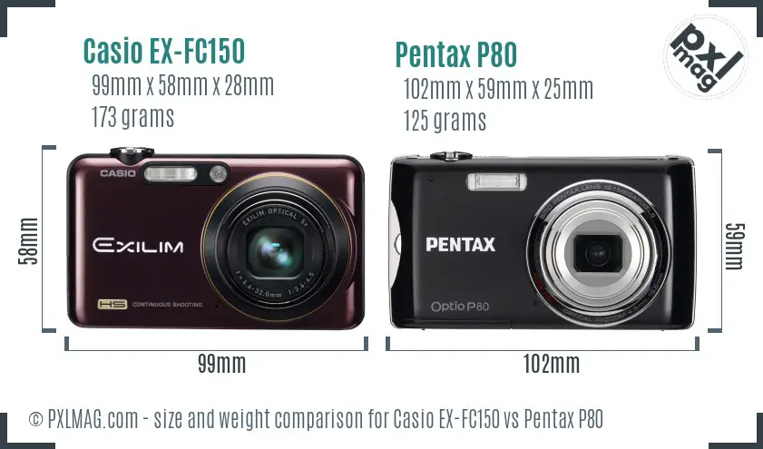 Casio EX-FC150 vs Pentax P80 size comparison