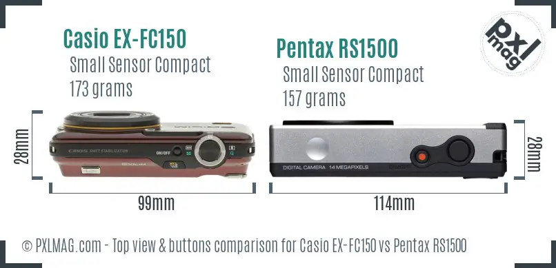 Casio EX-FC150 vs Pentax RS1500 top view buttons comparison Casio EX-FC150 vs Pentax RS1500 top view buttons comparison