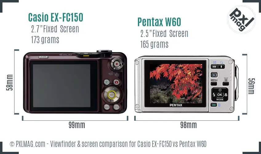 Casio EX-FC150 vs Pentax W60 Screen and Viewfinder comparison