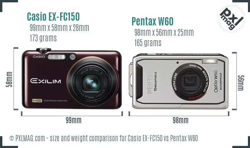 Casio EX-FC150 vs Pentax W60 size comparison