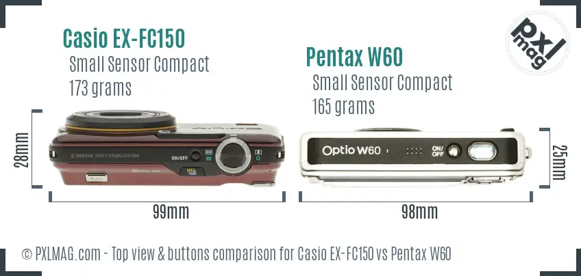 Casio EX-FC150 vs Pentax W60 top view buttons comparison