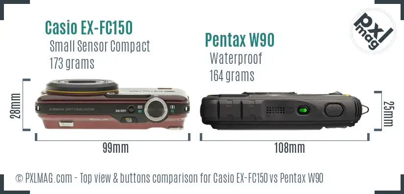 Casio EX-FC150 vs Pentax W90 top view buttons comparison