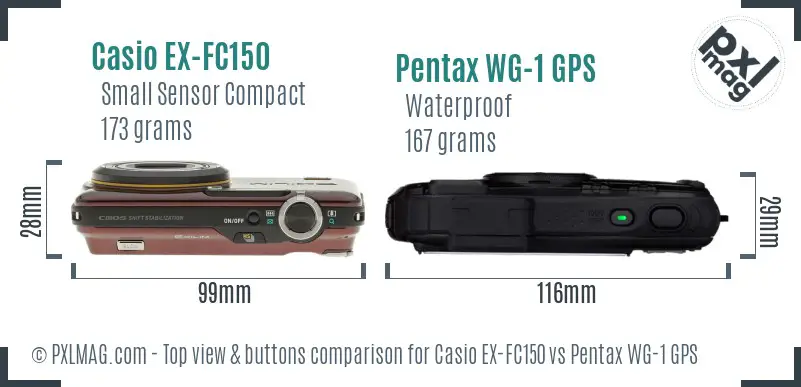 Casio EX-FC150 vs Pentax WG-1 GPS top view buttons comparison Casio EX-FC150 vs Pentax WG-1 GPS top view buttons comparison