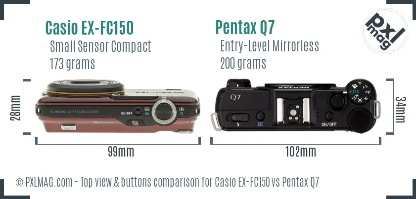 Casio EX-FC150 vs Pentax Q7 top view buttons comparison Casio EX-FC150 vs Pentax Q7 top view buttons comparison