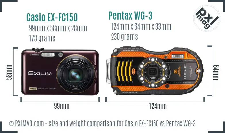 Casio EX-FC150 vs Pentax WG-3 size comparison