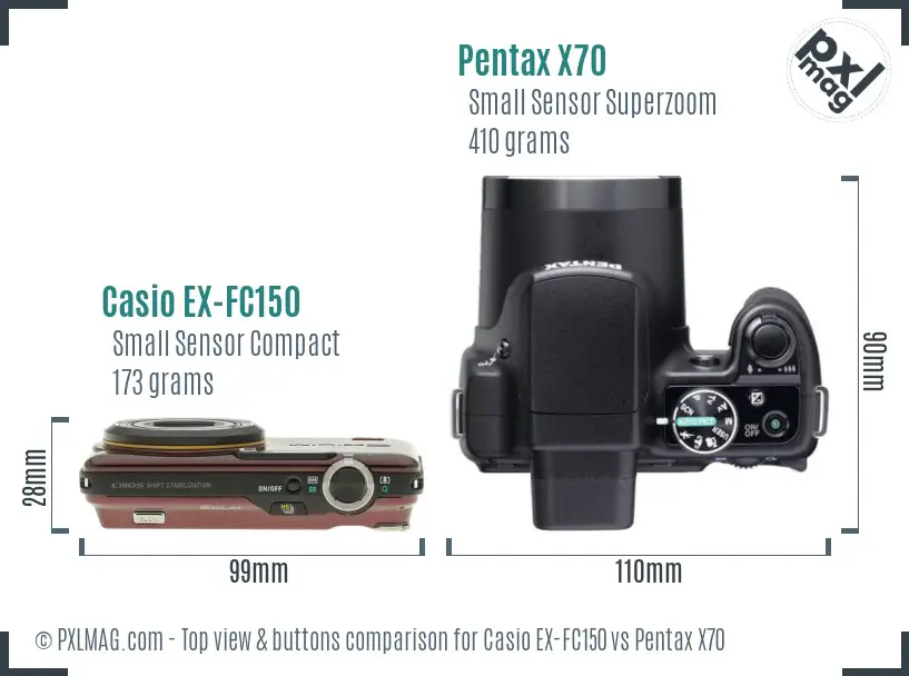 Casio EX-FC150 vs Pentax X70 top view buttons comparison