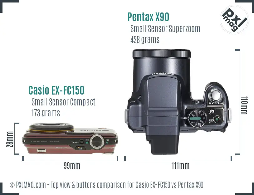 Casio EX-FC150 vs Pentax X90 top view buttons comparison