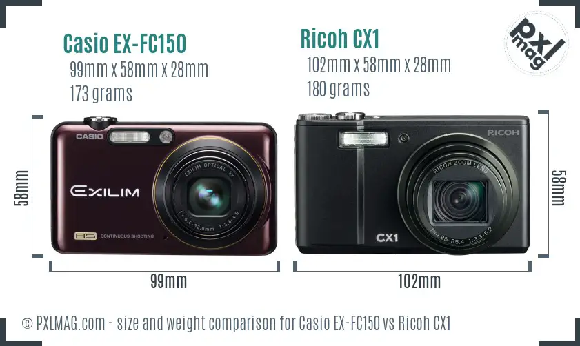 Casio EX-FC150 vs Ricoh CX1 size comparison