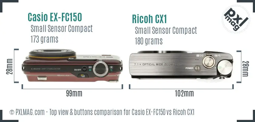 Casio EX-FC150 vs Ricoh CX1 top view buttons comparison