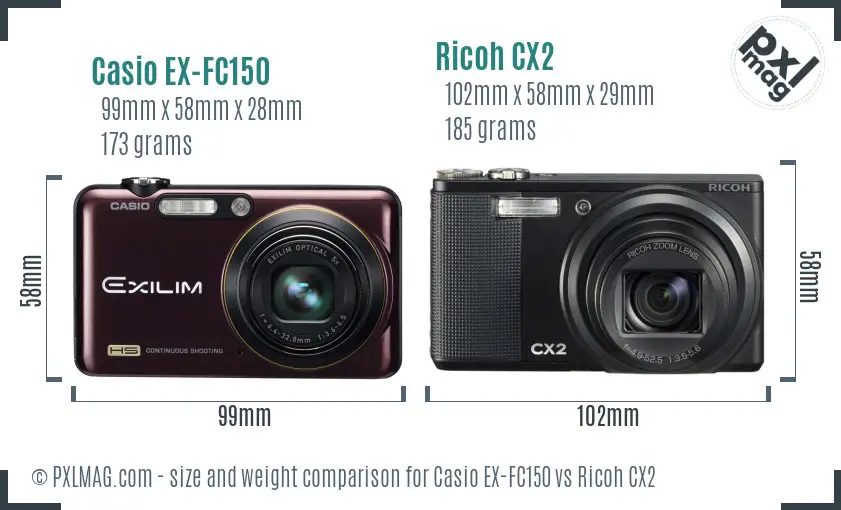 Casio EX-FC150 vs Ricoh CX2 size comparison