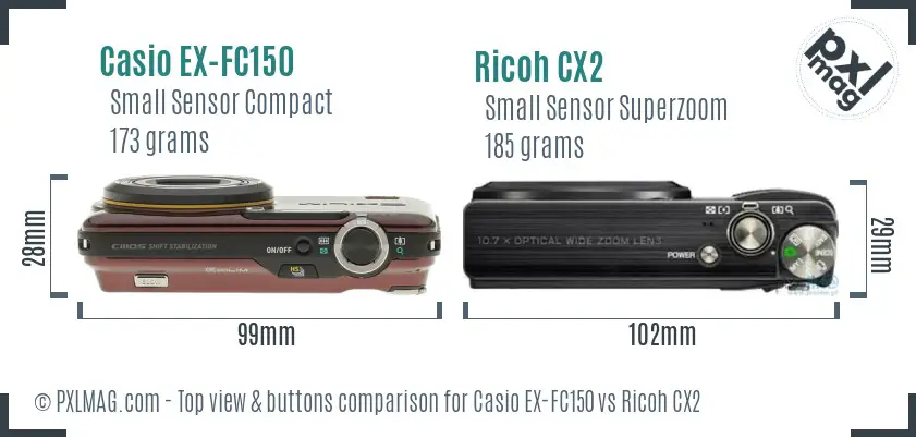 Casio EX-FC150 vs Ricoh CX2 top view buttons comparison