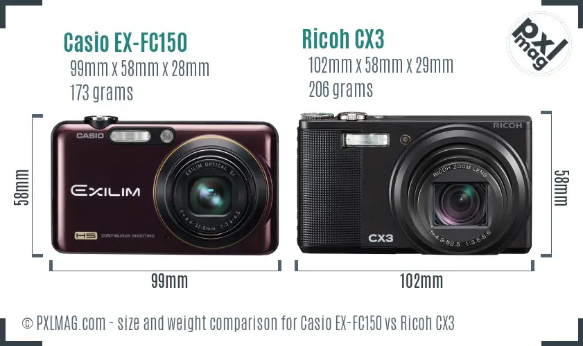 Casio EX-FC150 vs Ricoh CX3 size comparison