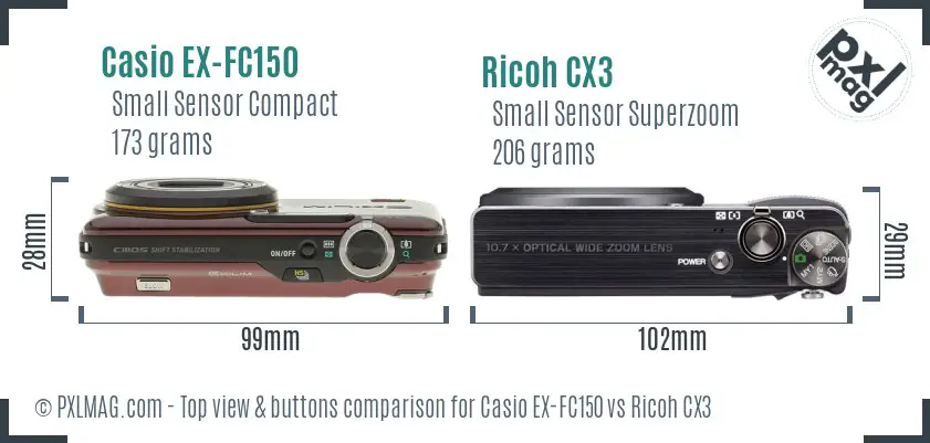 Casio EX-FC150 vs Ricoh CX3 top view buttons comparison