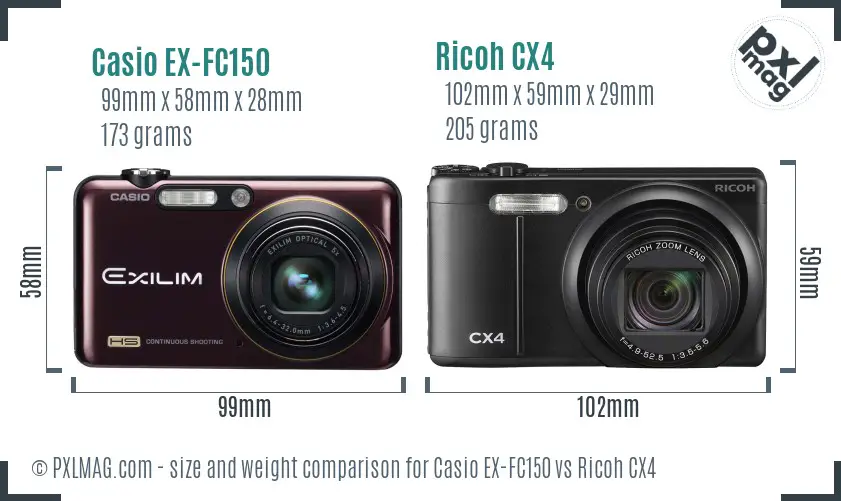 Casio EX-FC150 vs Ricoh CX4 size comparison Casio EX-FC150 vs Ricoh CX4 size comparison