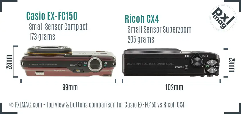 Casio EX-FC150 vs Ricoh CX4 top view buttons comparison Casio EX-FC150 vs Ricoh CX4 top view buttons comparison