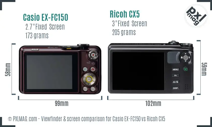 Casio EX-FC150 vs Ricoh CX5 Screen and Viewfinder comparison