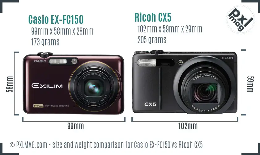 Casio EX-FC150 vs Ricoh CX5 size comparison