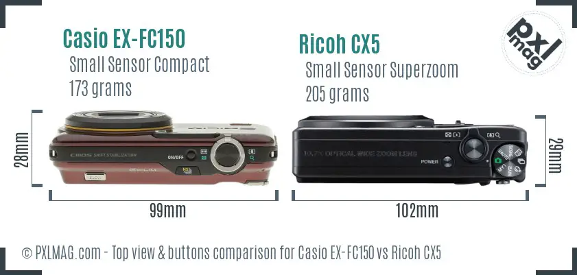 Casio EX-FC150 vs Ricoh CX5 top view buttons comparison