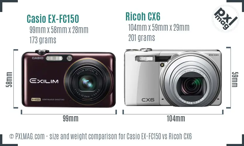 Casio EX-FC150 vs Ricoh CX6 size comparison