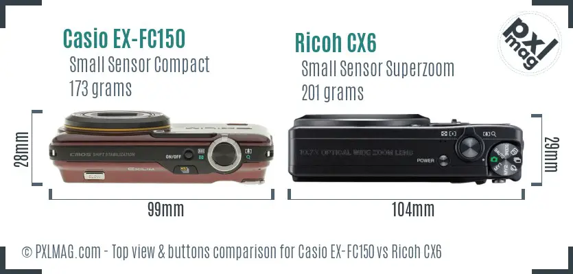 Casio EX-FC150 vs Ricoh CX6 top view buttons comparison