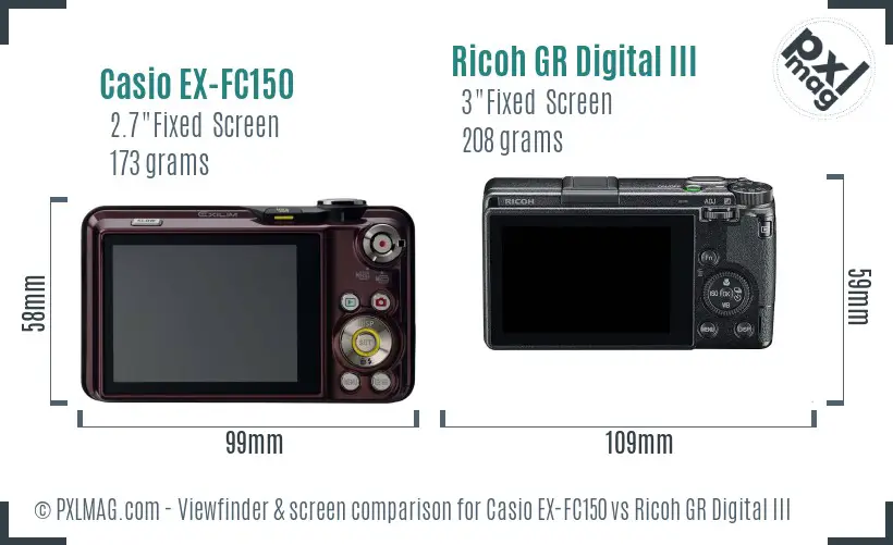 Casio EX-FC150 vs Ricoh GR Digital III Screen and Viewfinder comparison