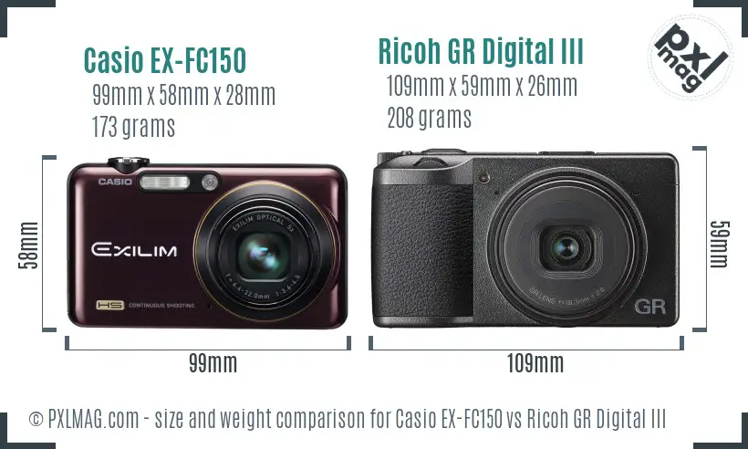 Casio EX-FC150 vs Ricoh GR Digital III size comparison