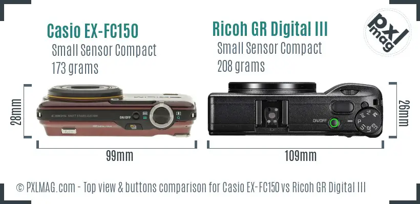 Casio EX-FC150 vs Ricoh GR Digital III top view buttons comparison