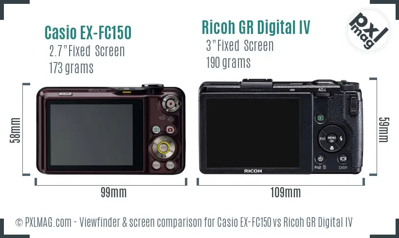 Casio EX-FC150 vs Ricoh GR Digital IV Screen and Viewfinder comparison