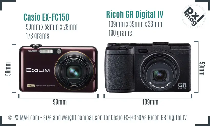 Casio EX-FC150 vs Ricoh GR Digital IV size comparison