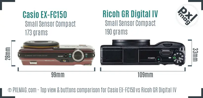 Casio EX-FC150 vs Ricoh GR Digital IV top view buttons comparison
