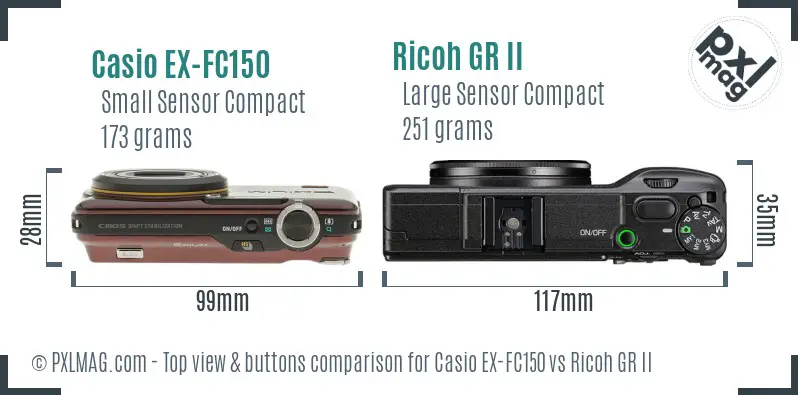 Casio EX-FC150 vs Ricoh GR II top view buttons comparison Casio EX-FC150 vs Ricoh GR II top view buttons comparison