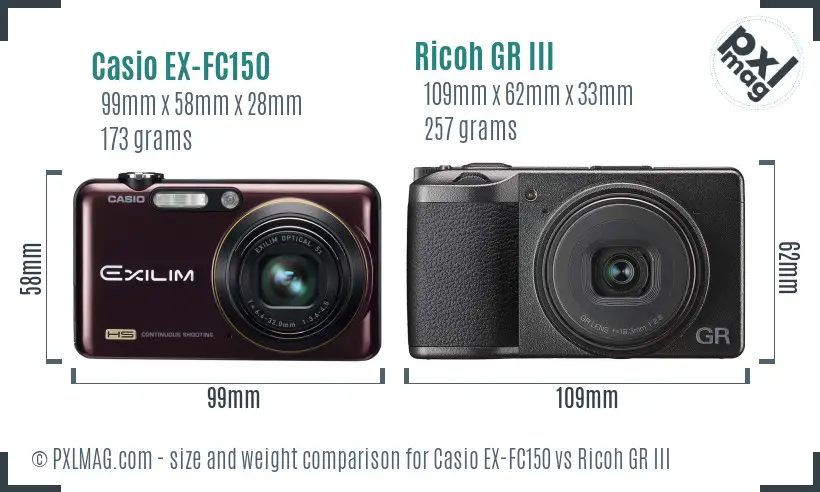 Casio EX-FC150 vs Ricoh GR III size comparison Casio EX-FC150 vs Ricoh GR III size comparison