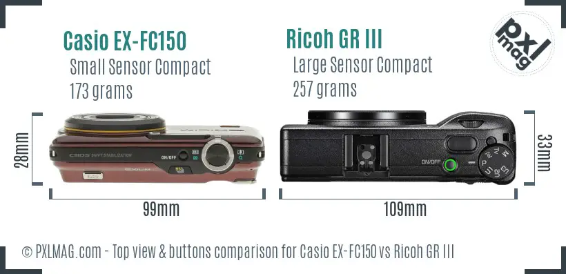 Casio EX-FC150 vs Ricoh GR III top view buttons comparison Casio EX-FC150 vs Ricoh GR III top view buttons comparison