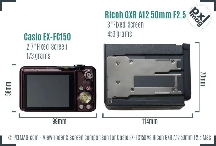 Casio EX-FC150 vs Ricoh GXR A12 50mm F2.5 Macro Screen and Viewfinder comparison