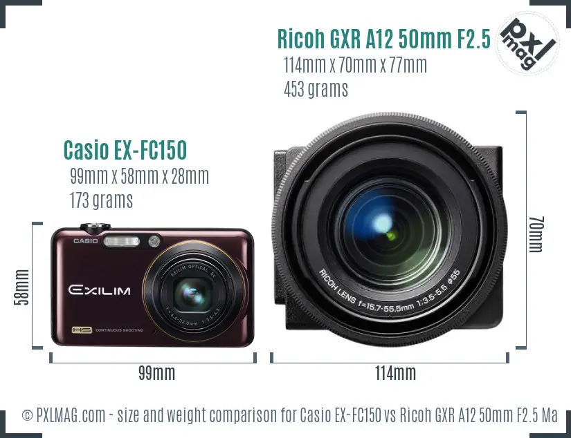 Casio EX-FC150 vs Ricoh GXR A12 50mm F2.5 Macro size comparison