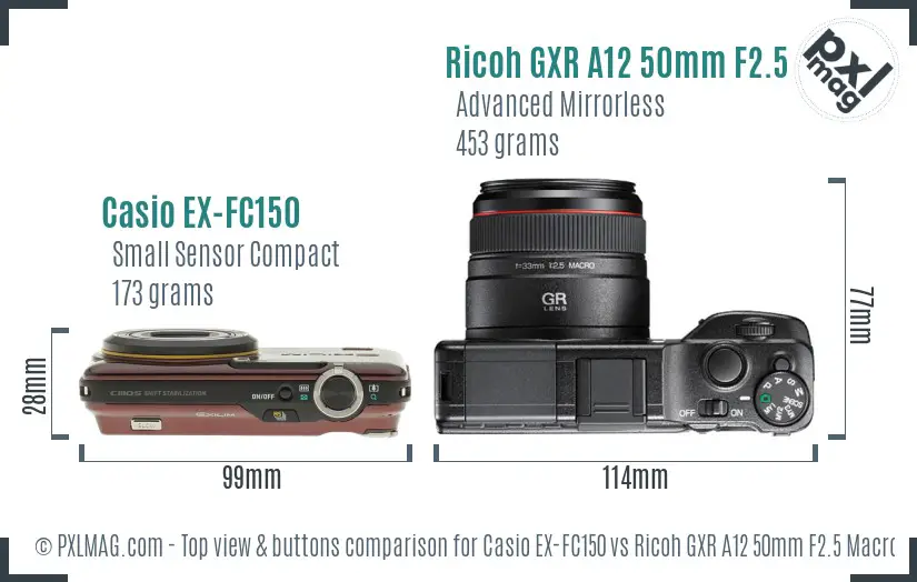 Casio EX-FC150 vs Ricoh GXR A12 50mm F2.5 Macro top view buttons comparison