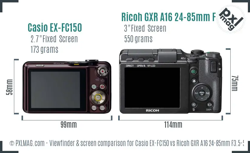 Casio EX-FC150 vs Ricoh GXR A16 24-85mm F3.5-5.5 Screen and Viewfinder comparison